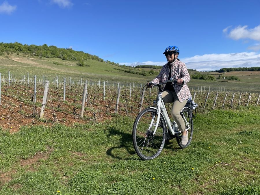 <who>Credit for all other photos: Steve MacNaull/NowMedia Group</who>Cycling through Pinot Noir vineyards in Givry.